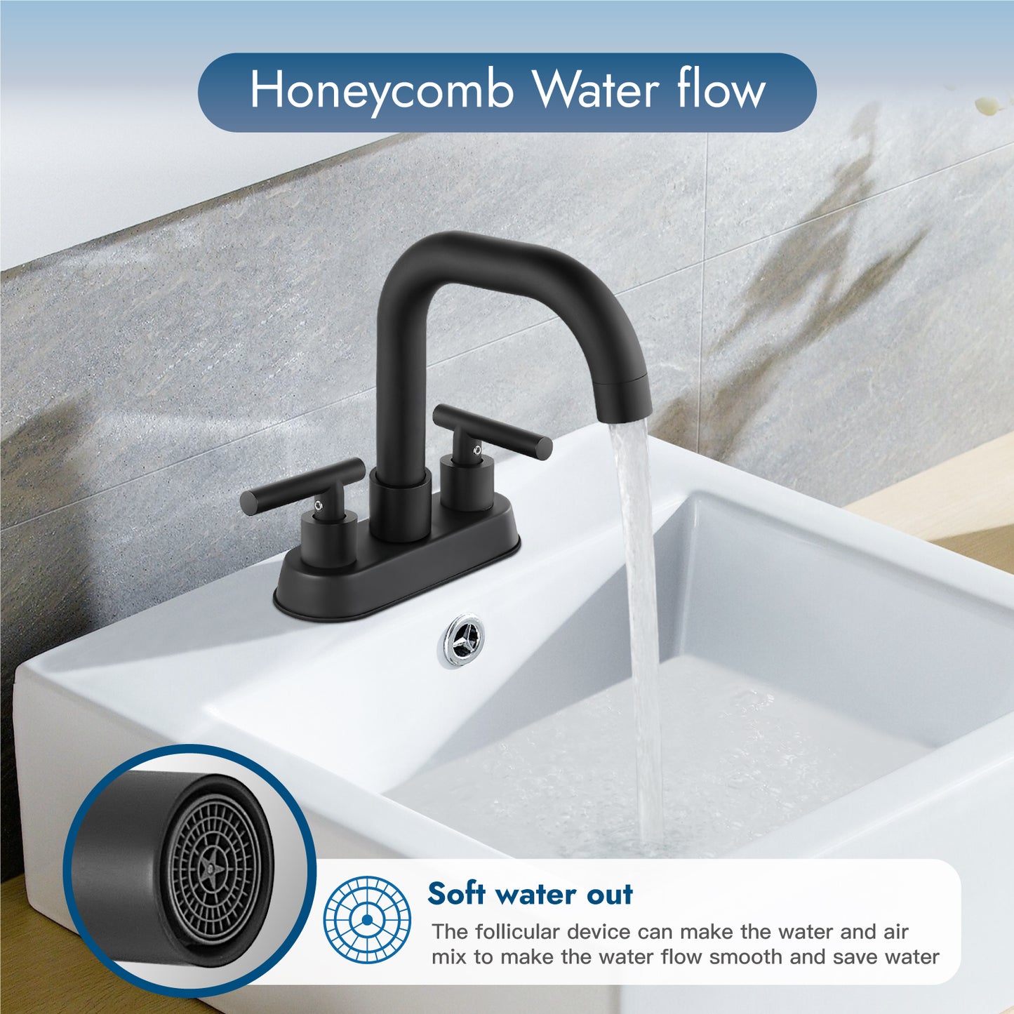 Cinwiny Centerset 4 inch Two Handles Bathroom Sink Faucet Deck Mount Mixer Taps Bathroom Vanity Lavatory Faucet with 360° Swivel Spout Water Supply Hoses