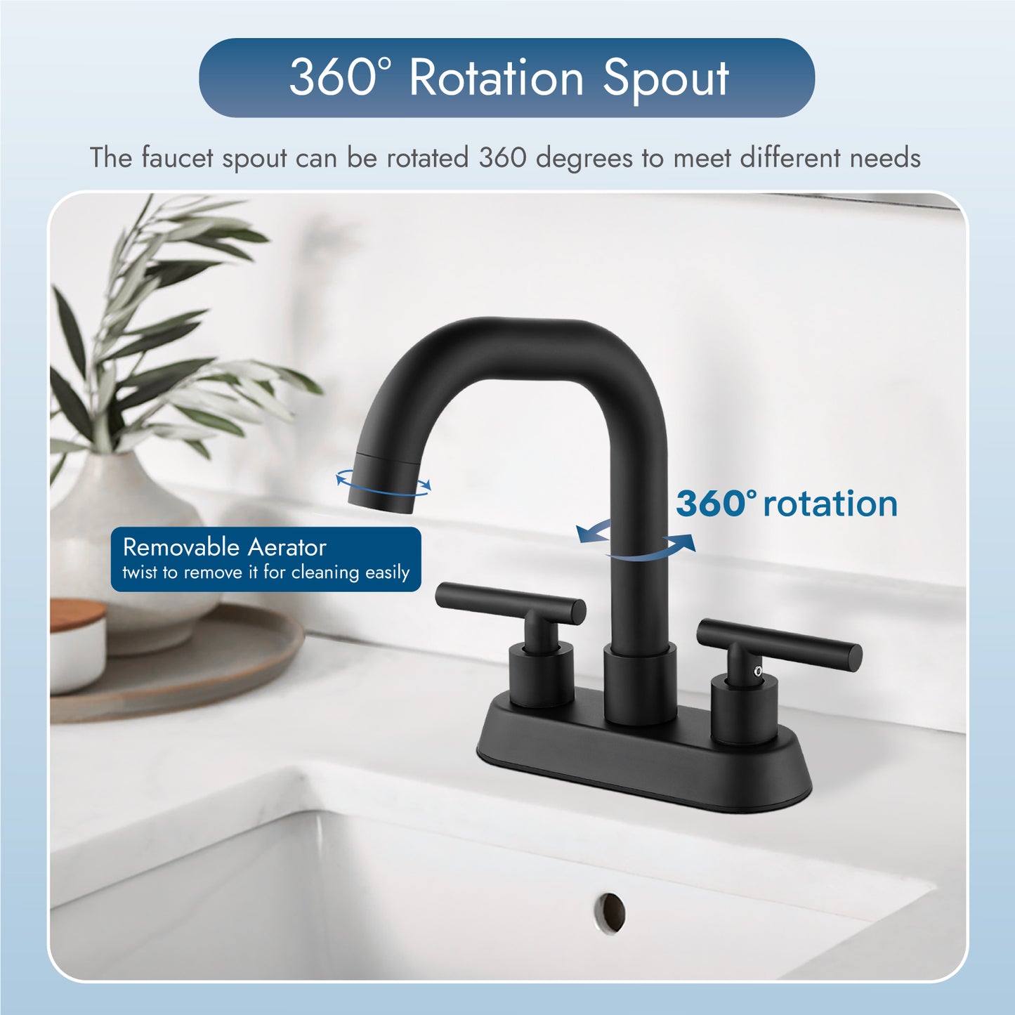 Cinwiny Centerset 4 inch Two Handles Bathroom Sink Faucet Deck Mount Mixer Taps Bathroom Vanity Lavatory Faucet with 360° Swivel Spout Water Supply Hoses