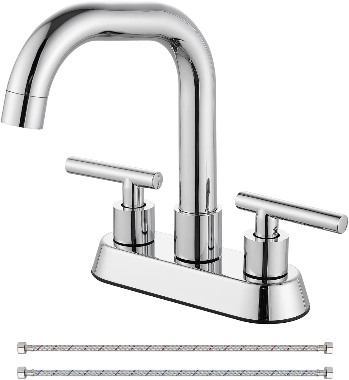 Cinwiny Centerset 4 inch Two Handles Bathroom Sink Faucet Deck Mount Mixer Taps Bathroom Vanity Lavatory Faucet with 360° Swivel Spout Water Supply Hoses