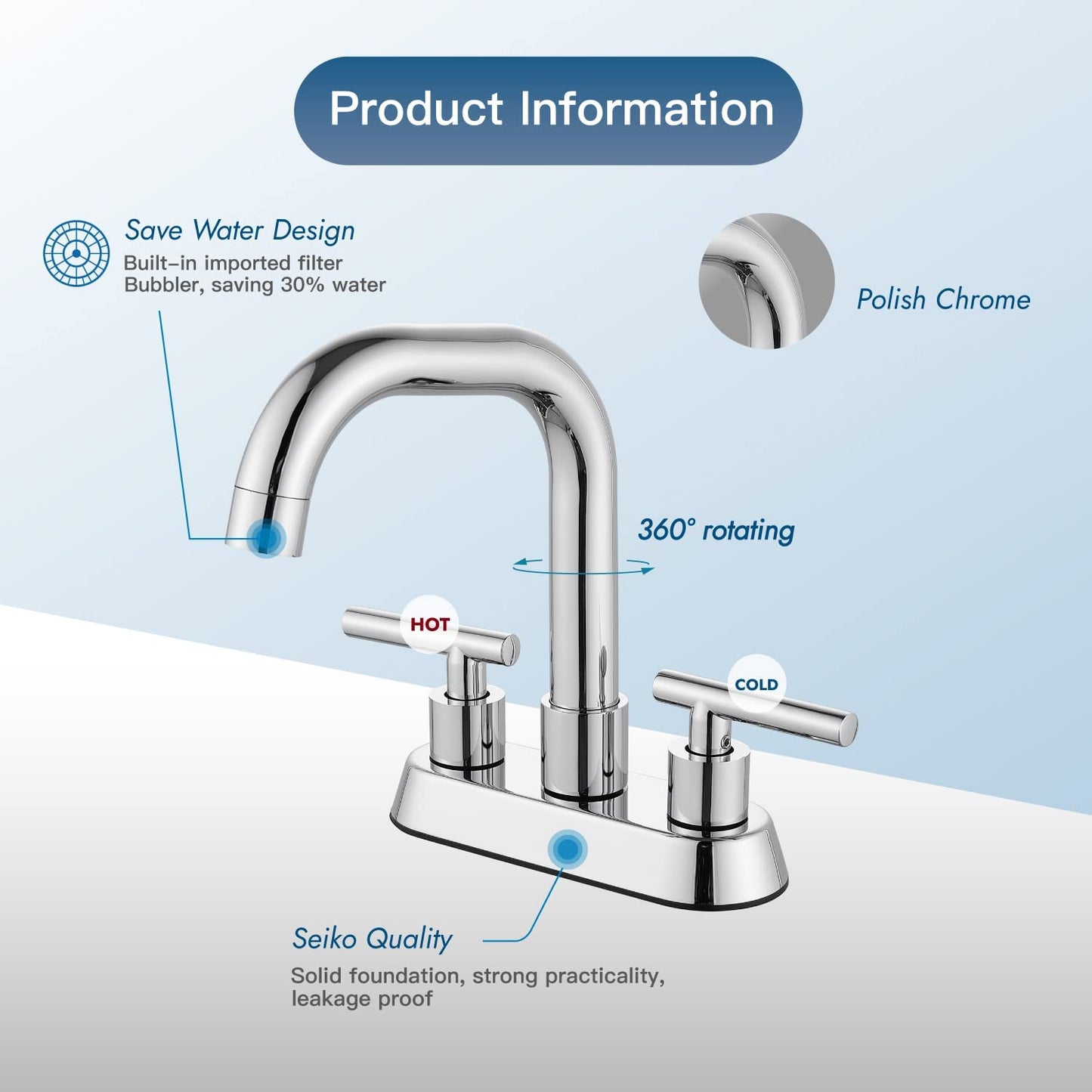 Cinwiny Centerset 4 inch Two Handles Bathroom Sink Faucet Deck Mount Mixer Taps Bathroom Vanity Lavatory Faucet with 360° Swivel Spout Water Supply Hoses
