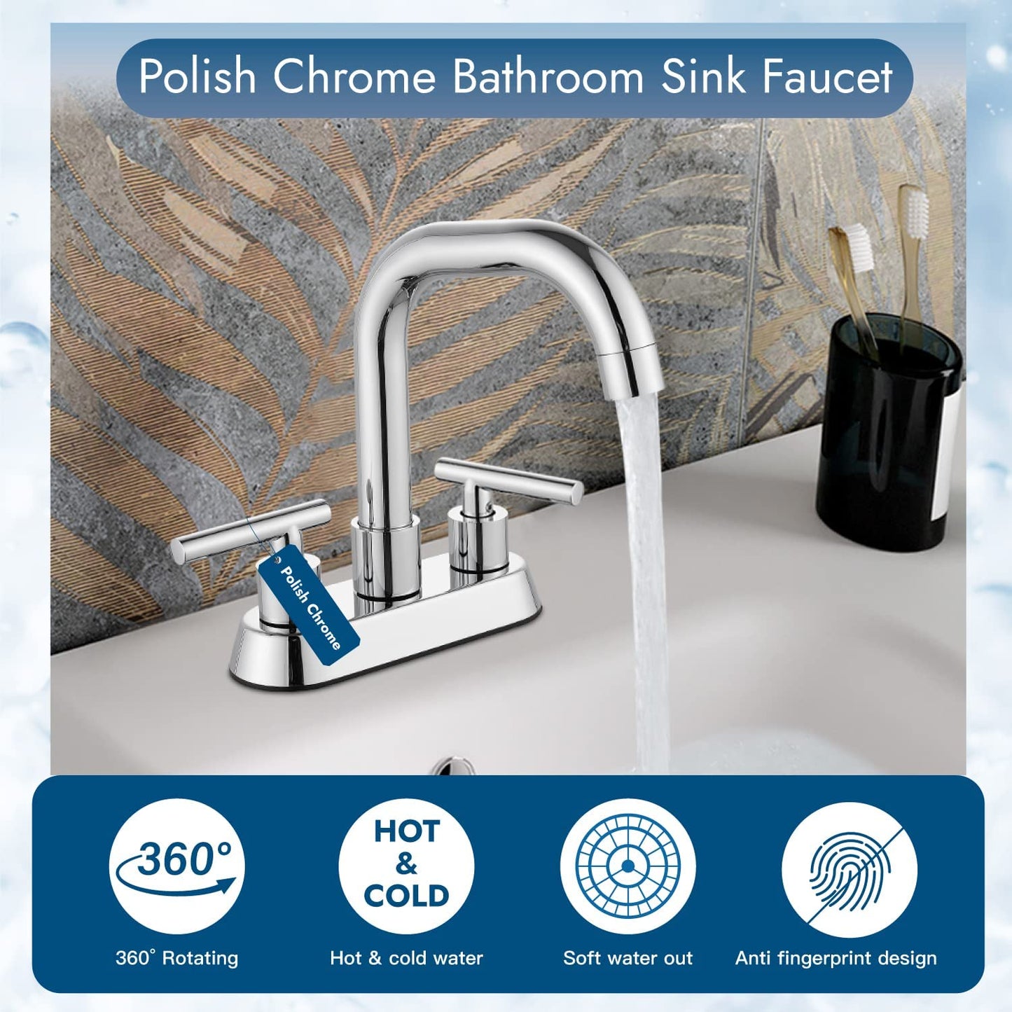 Cinwiny Centerset 4 inch Two Handles Bathroom Sink Faucet Deck Mount Mixer Taps Bathroom Vanity Lavatory Faucet with 360° Swivel Spout Water Supply Hoses