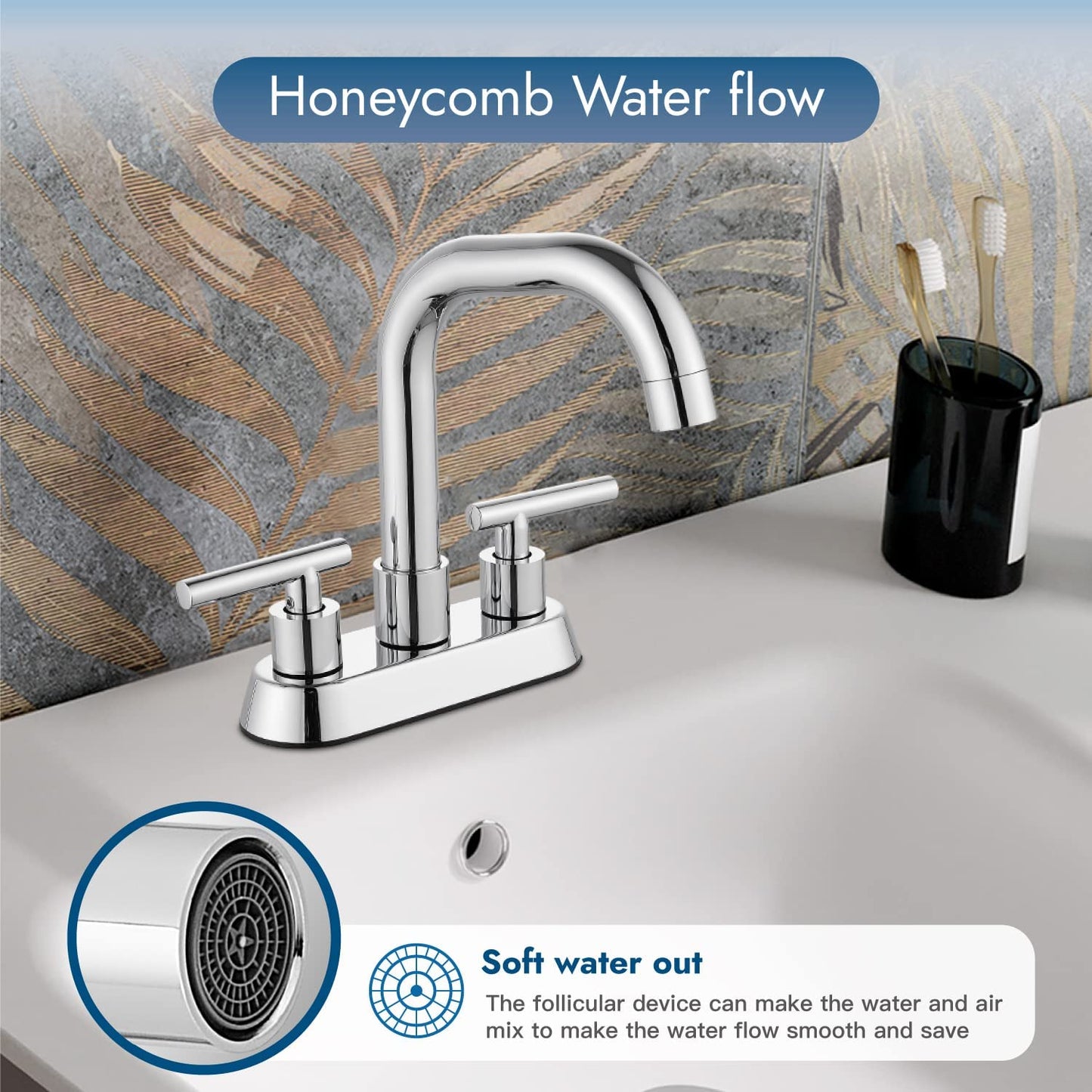 Cinwiny Centerset 4 inch Two Handles Bathroom Sink Faucet Deck Mount Mixer Taps Bathroom Vanity Lavatory Faucet with 360° Swivel Spout Water Supply Hoses