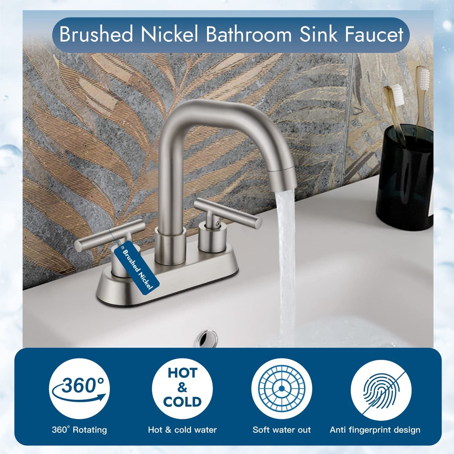 Cinwiny Centerset 4 inch Two Handles Bathroom Sink Faucet Deck Mount Mixer Taps Bathroom Vanity Lavatory Faucet with 360° Swivel Spout Water Supply Hoses