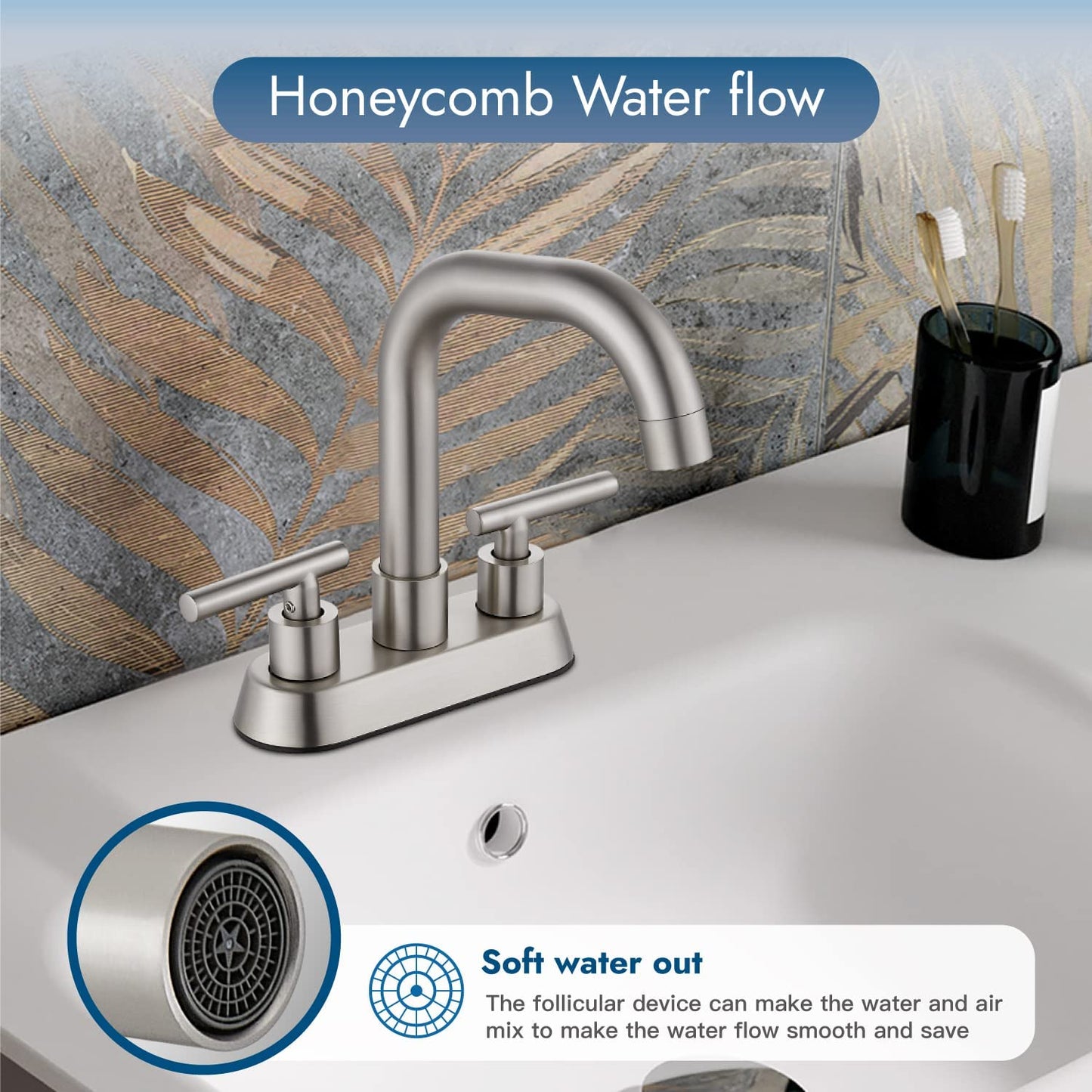 Cinwiny Centerset 4 inch Two Handles Bathroom Sink Faucet Deck Mount Mixer Taps Bathroom Vanity Lavatory Faucet with 360° Swivel Spout Water Supply Hoses