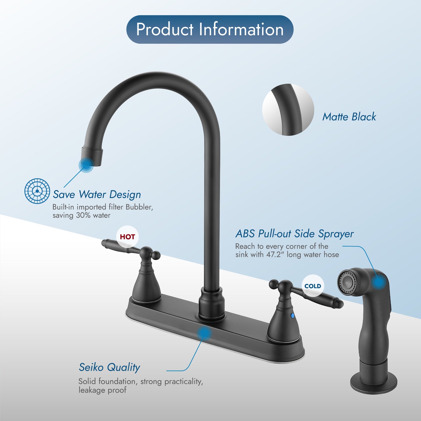 
                  
                    Cinwiny Kitchen Sink Faucet with Pull-Out Side Sprayer, High-Arc SUS304 360° Rotating Spout 2-Handle 8 Inch Centerset Kitchen Faucet with Supply Lines
                  
                