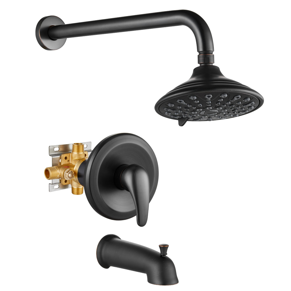 Shower Faucet Set with Tub Spout Pressure Balancing Rough-in Valve Wall Mount Shower System 5 Modes 6 Inch Shower Head with Tub Filler 1 Lever Dual Function Shower Trim Kit