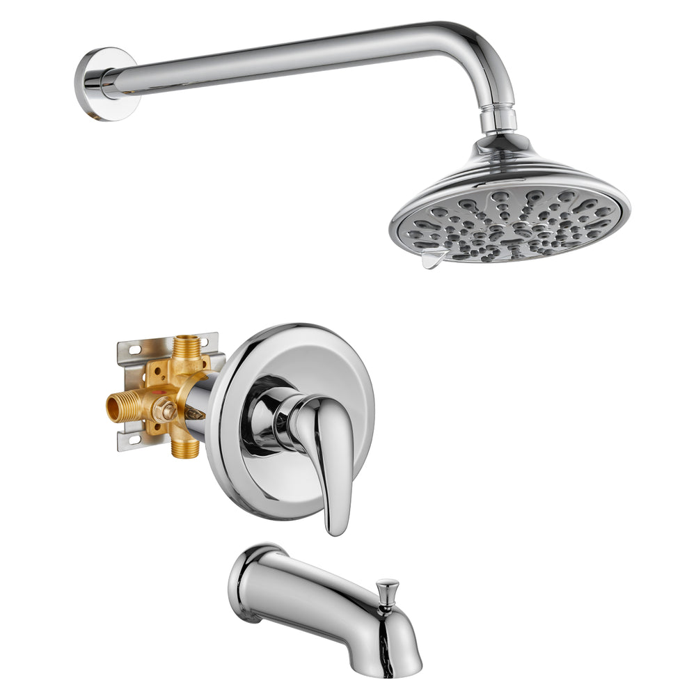 Shower Faucet Set with Tub Spout Pressure Balancing Rough-in Valve Wall Mount Shower System 5 Modes 6 Inch Shower Head with Tub Filler 1 Lever Dual Function Shower Trim Kit