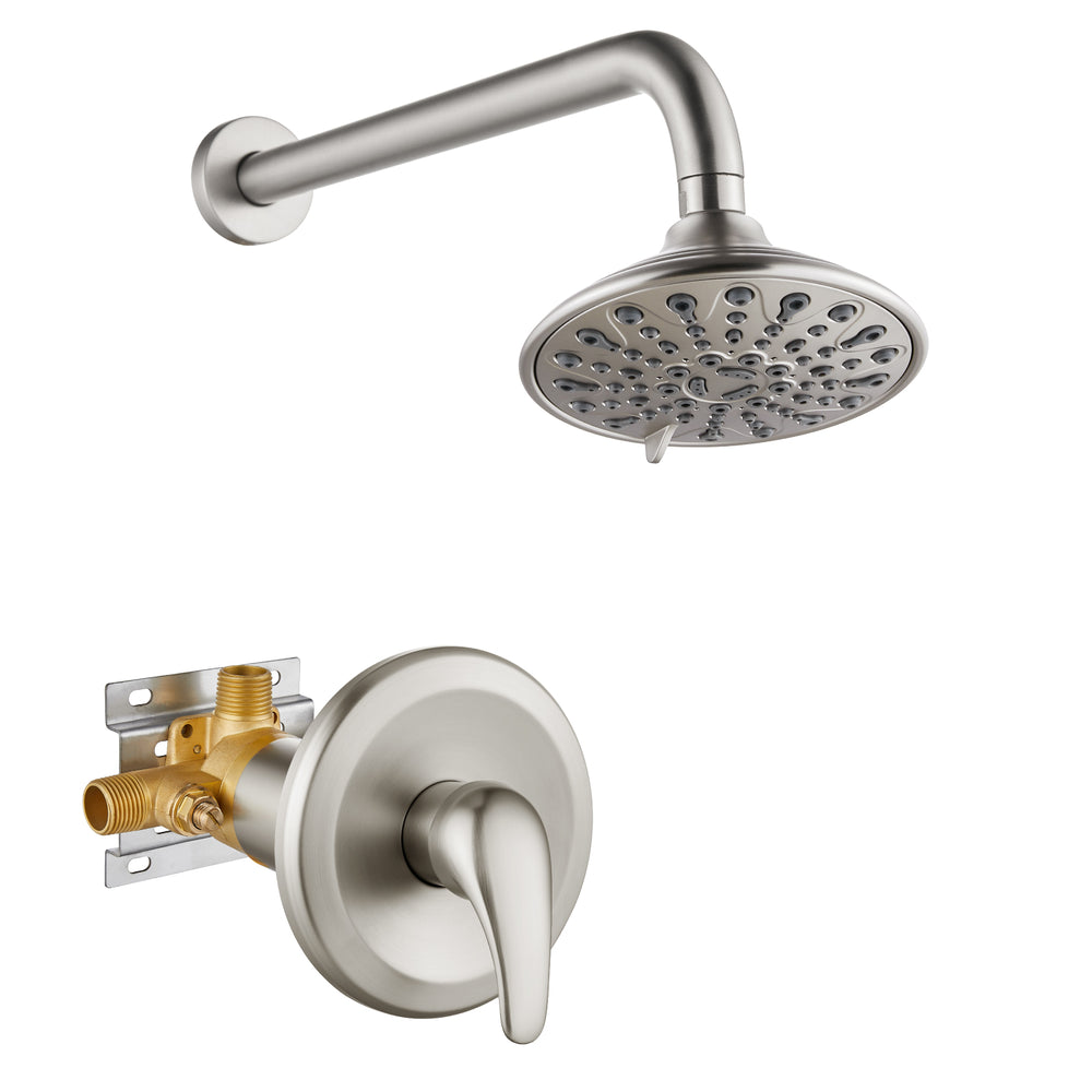 Shower Faucet with Pressure Balancing Rough-in Valve Shower System Wall Mount 6” 5-spray Shower Head One Lever Single Function Bathroom Shower Trim Kit