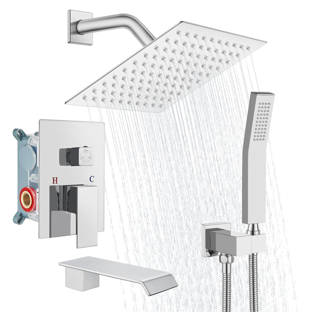 Cinwiny Shower System with Tub Spout Wall Mount Tub Shower Faucet Set Complete 8 Inch Shower Head with Handheld Spray 3 Function Rough-In Valve Included