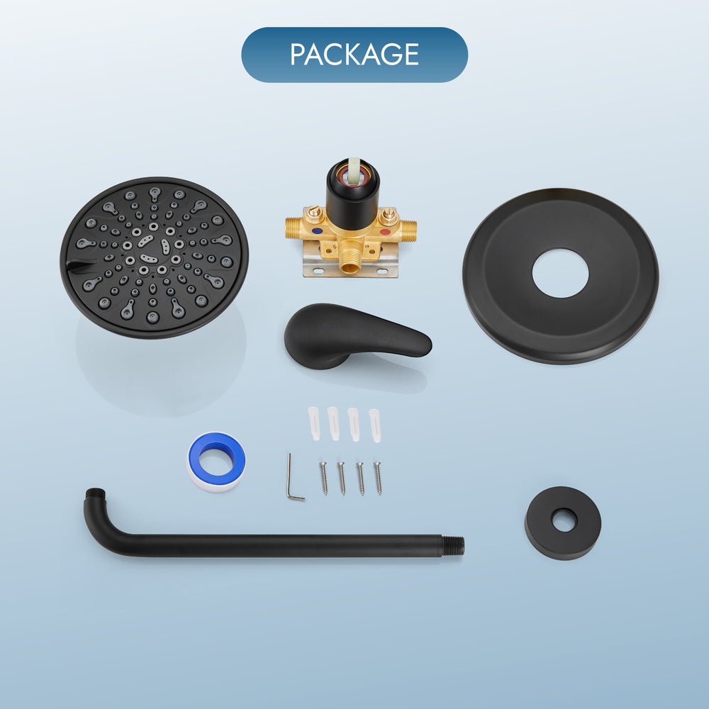Shower Faucet with Pressure Balancing Rough-in Valve Shower System Wall Mount 6” 5-spray Shower Head One Lever Single Function Bathroom Shower Trim Kit