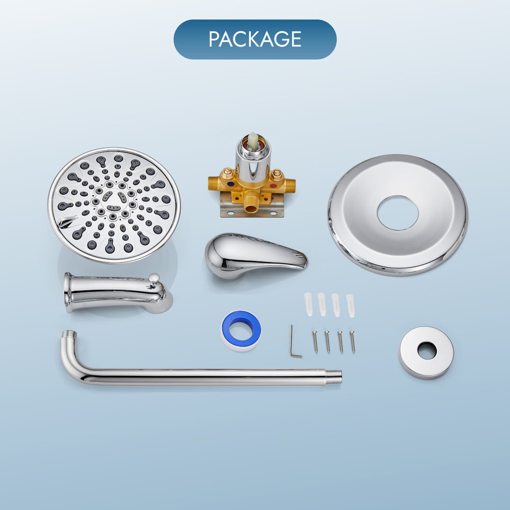 Shower Faucet Set with Tub Spout Pressure Balancing Rough-in Valve Wall Mount Shower System 5 Modes 6 Inch Shower Head with Tub Filler 1 Lever Dual Function Shower Trim Kit