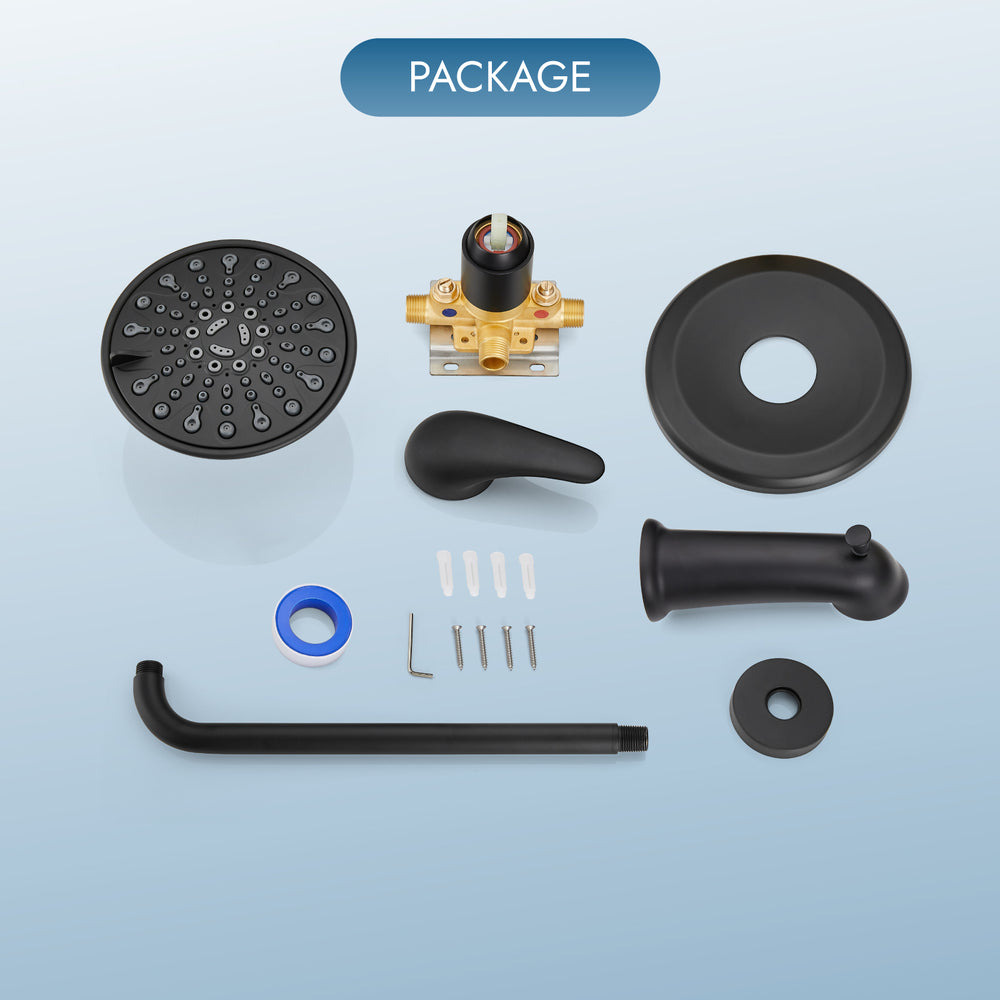 Shower Faucet Set with Tub Spout Pressure Balancing Rough-in Valve Wall Mount Shower System 5 Modes 6 Inch Shower Head with Tub Filler 1 Lever Dual Function Shower Trim Kit