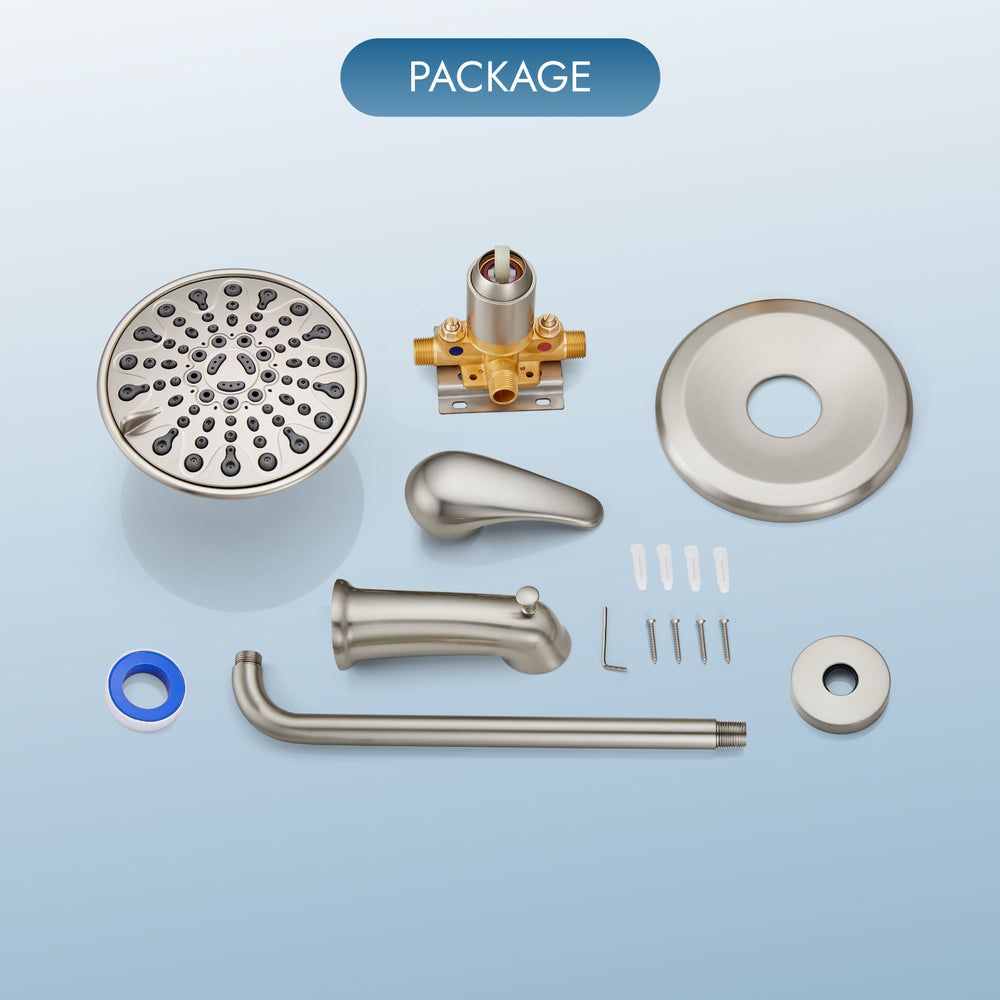 Shower Faucet Set with Tub Spout Pressure Balancing Rough-in Valve Wall Mount Shower System 5 Modes 6 Inch Shower Head with Tub Filler 1 Lever Dual Function Shower Trim Kit