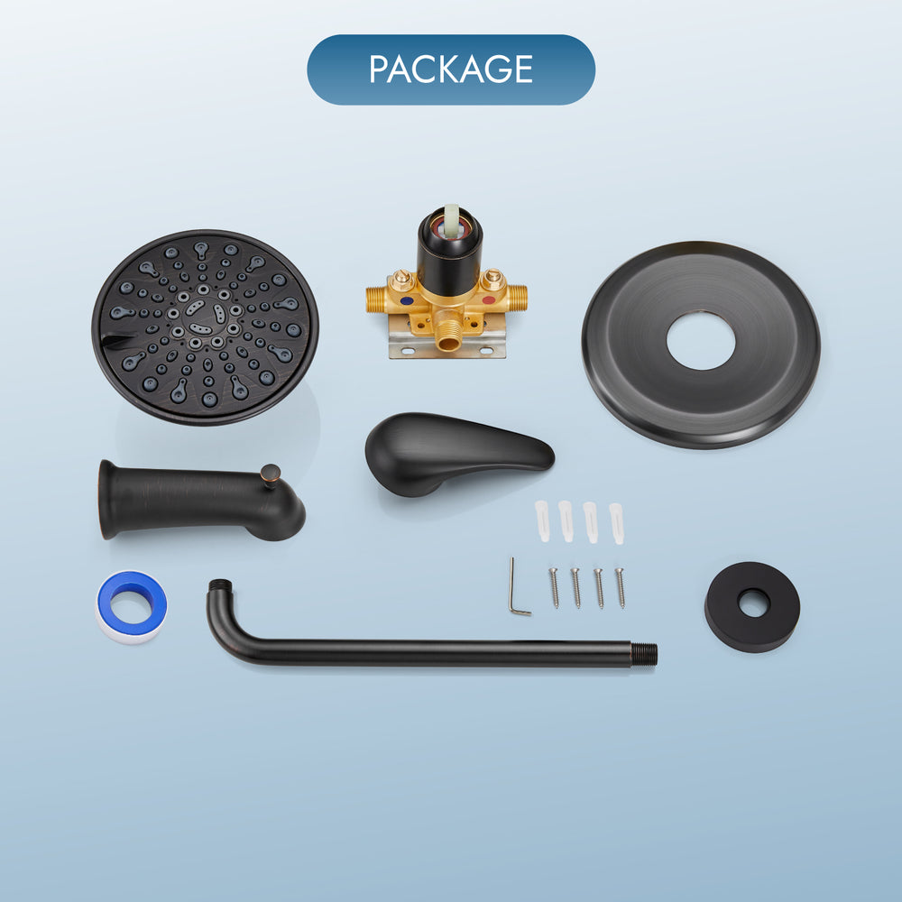 Shower Faucet Set with Tub Spout Pressure Balancing Rough-in Valve Wall Mount Shower System 5 Modes 6 Inch Shower Head with Tub Filler 1 Lever Dual Function Shower Trim Kit
