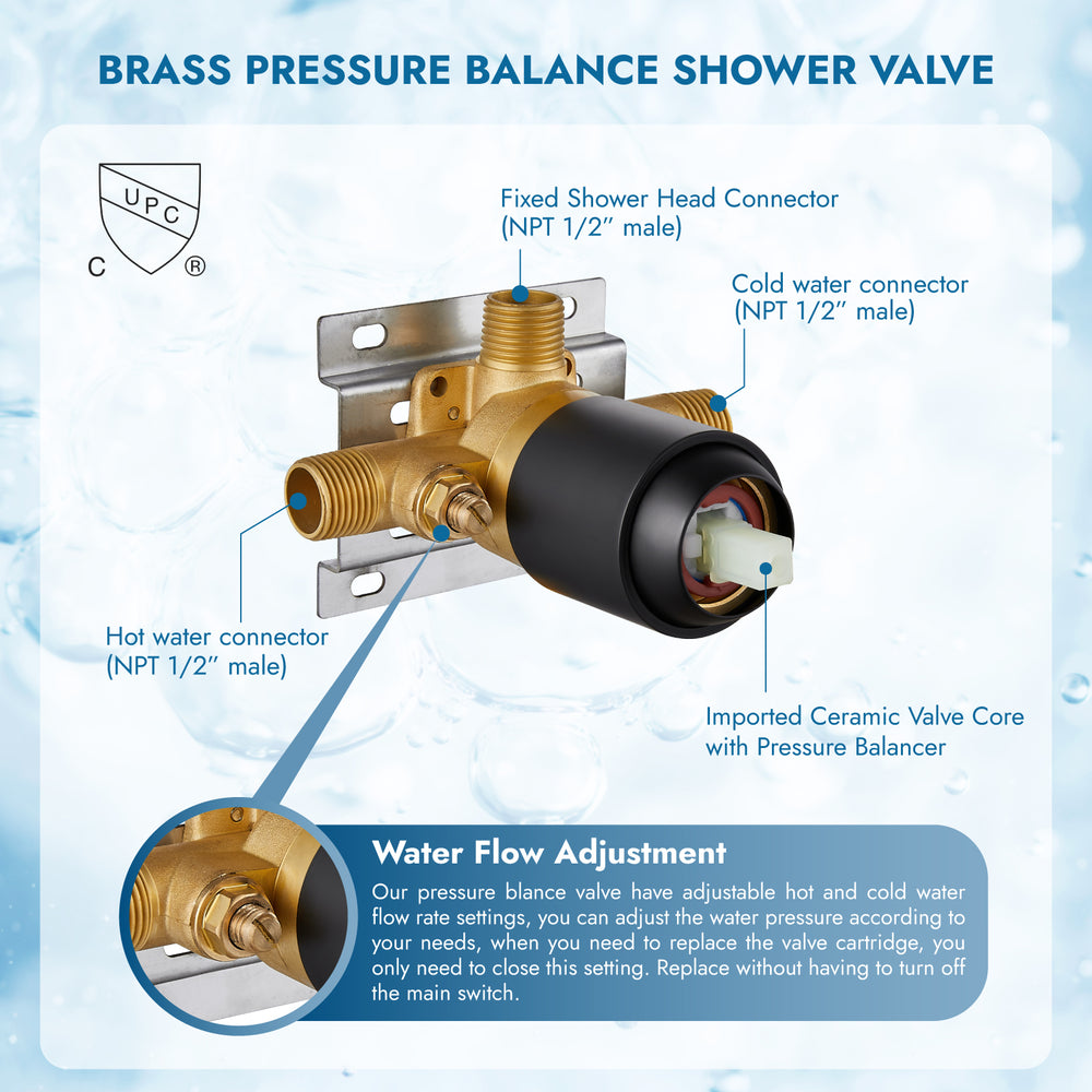 Shower Faucet Set with Tub Spout Pressure Balancing Rough-in Valve Wall Mount Shower System 5 Modes 6 Inch Shower Head with Tub Filler 1 Lever Dual Function Shower Trim Kit