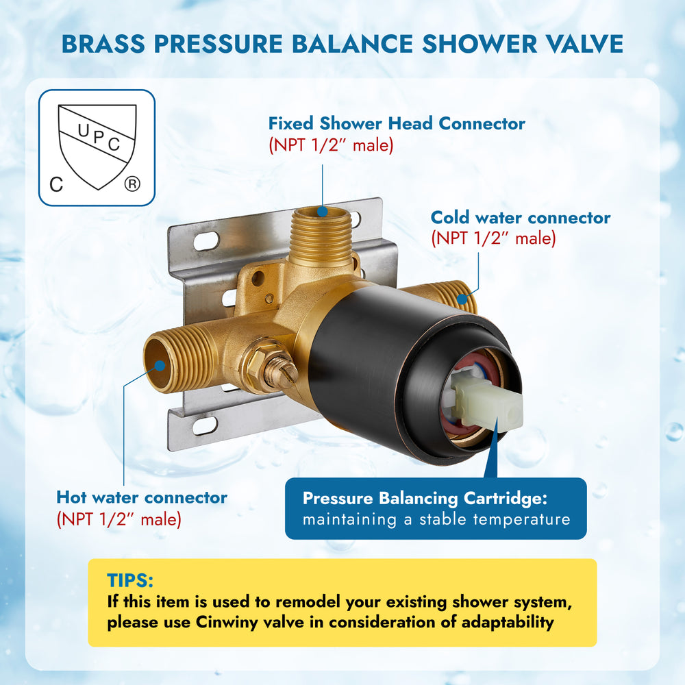 Shower Faucet with Pressure Balancing Rough-in Valve Shower System Wall Mount 6” 5-spray Shower Head One Lever Single Function Bathroom Shower Trim Kit