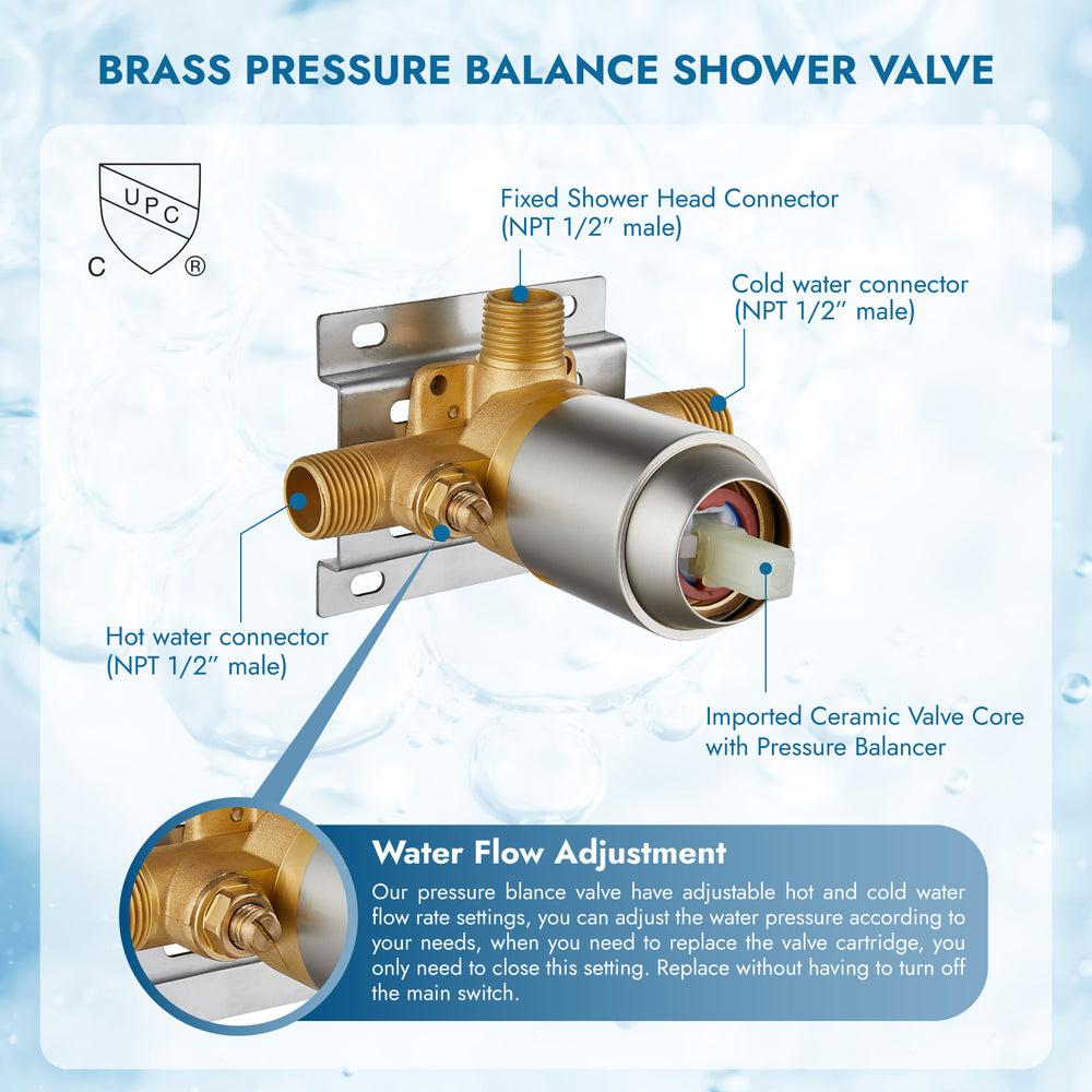 Shower Faucet Set with Tub Spout Pressure Balancing Rough-in Valve Wall Mount Shower System 5 Modes 6 Inch Shower Head with Tub Filler 1 Lever Dual Function Shower Trim Kit
