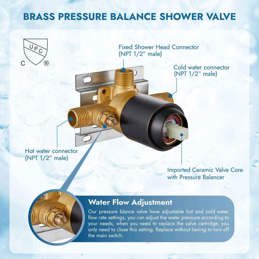 Shower Faucet Set with Tub Spout Pressure Balancing Rough-in Valve Wall Mount Shower System 5 Modes 6 Inch Shower Head with Tub Filler 1 Lever Dual Function Shower Trim Kit