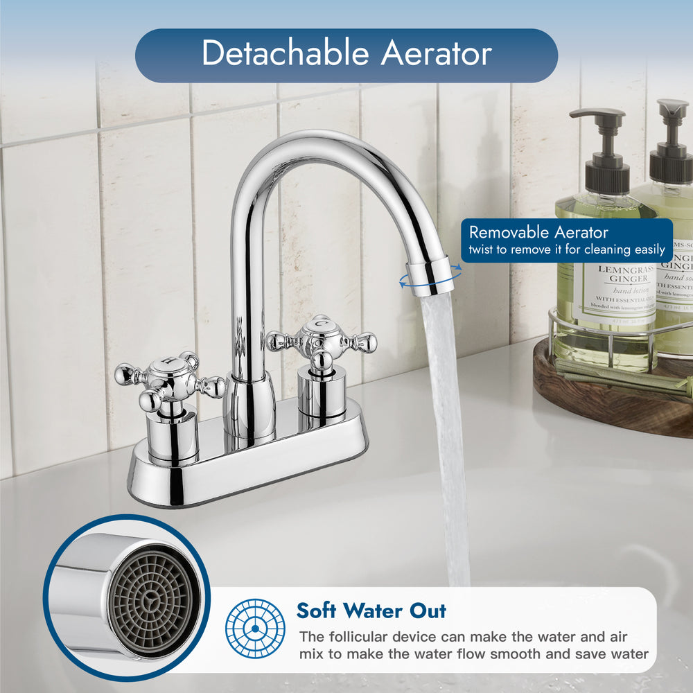 
                  
                    Cinwiny 4 inch Centerset Bathroom Sink Faucet Double Cross Handle with Pop-Up Drain,Deck Mount Modern Bathroom Vanity Lavatory Faucet with 360 Degree Rotation Spout Water Supply Hoses
                  
                