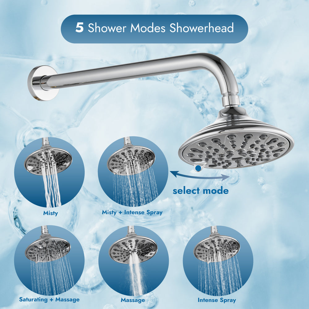 Shower Faucet Set with Tub Spout Pressure Balancing Rough-in Valve Wall Mount Shower System 5 Modes 6 Inch Shower Head with Tub Filler 1 Lever Dual Function Shower Trim Kit