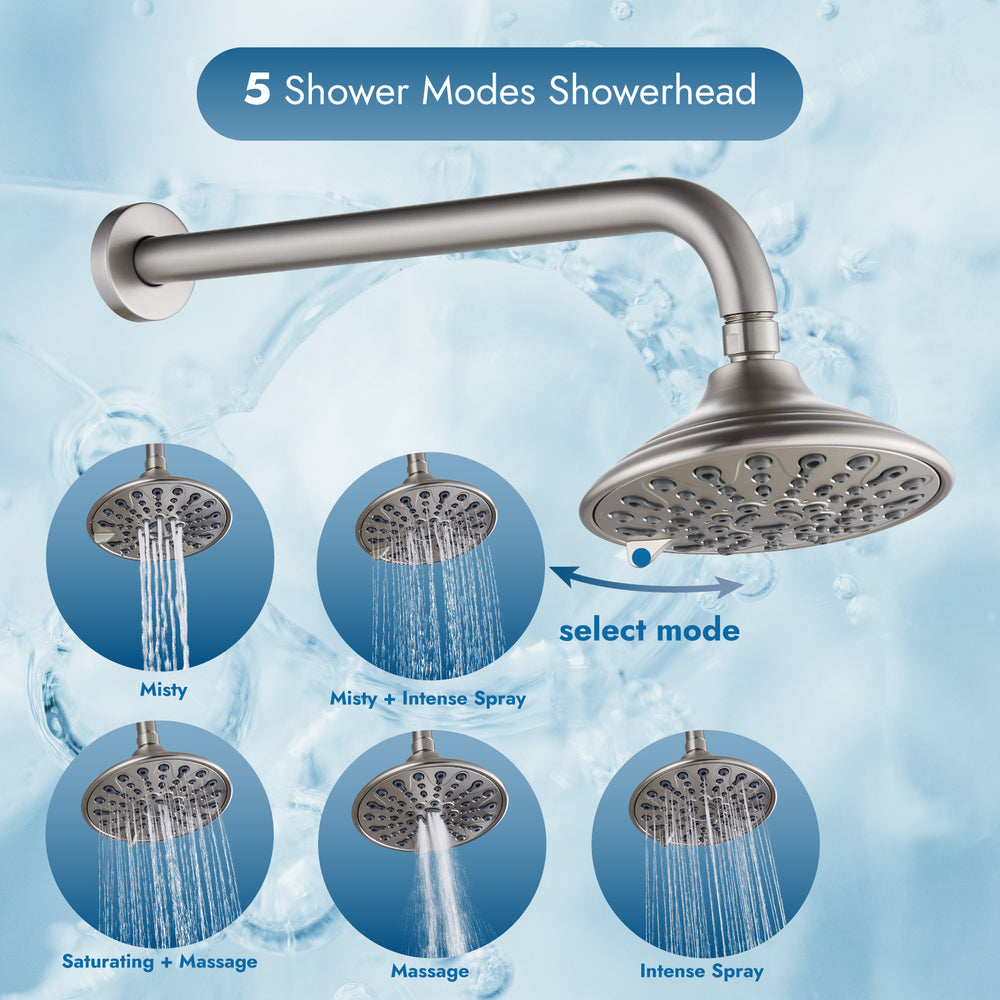 Shower Faucet Set with Tub Spout Pressure Balancing Rough-in Valve Wall Mount Shower System 5 Modes 6 Inch Shower Head with Tub Filler 1 Lever Dual Function Shower Trim Kit