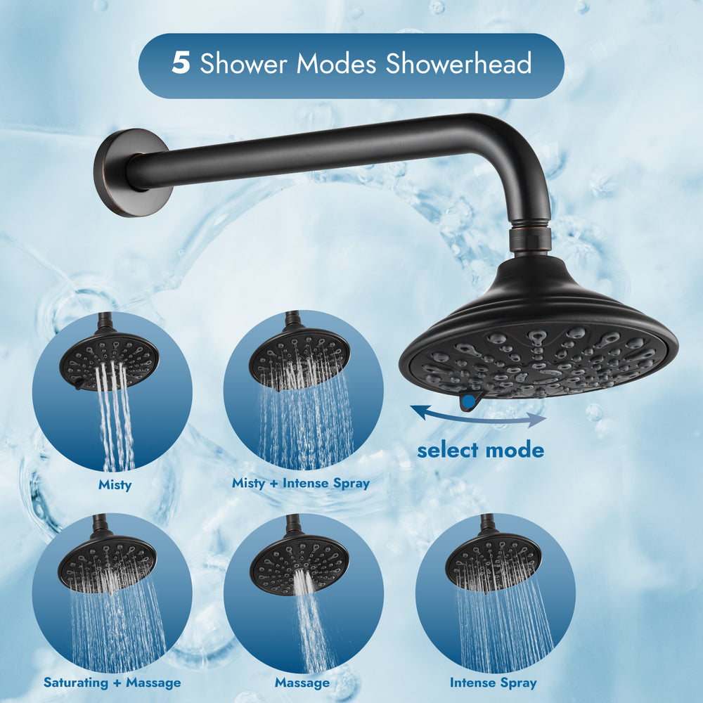 Shower Faucet Set with Tub Spout Pressure Balancing Rough-in Valve Wall Mount Shower System 5 Modes 6 Inch Shower Head with Tub Filler 1 Lever Dual Function Shower Trim Kit