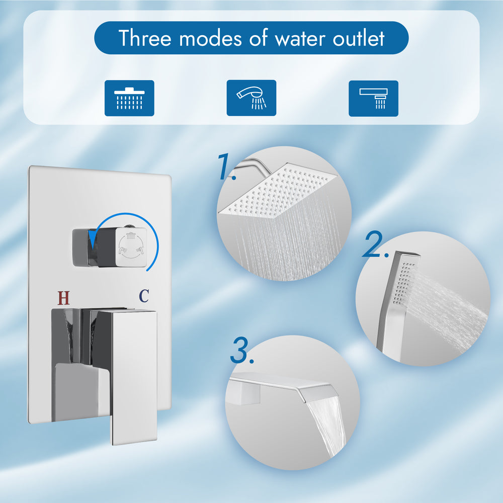 Cinwiny Shower System with Tub Spout Wall Mount Tub Shower Faucet Set Complete 8 Inch Shower Head with Handheld Spray 3 Function Rough-In Valve Included