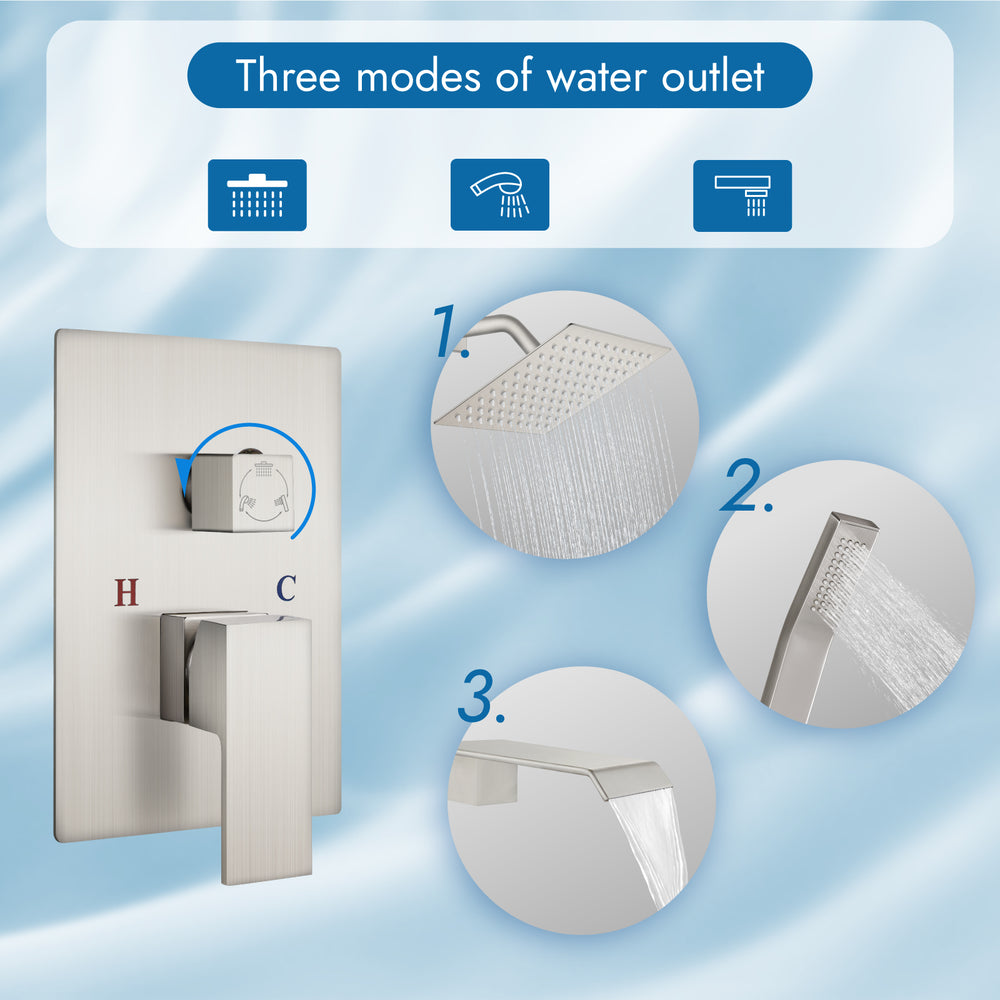 Cinwiny Shower System with Tub Spout Wall Mount Tub Shower Faucet Set Complete 8 Inch Shower Head with Handheld Spray 3 Function Rough-In Valve Included