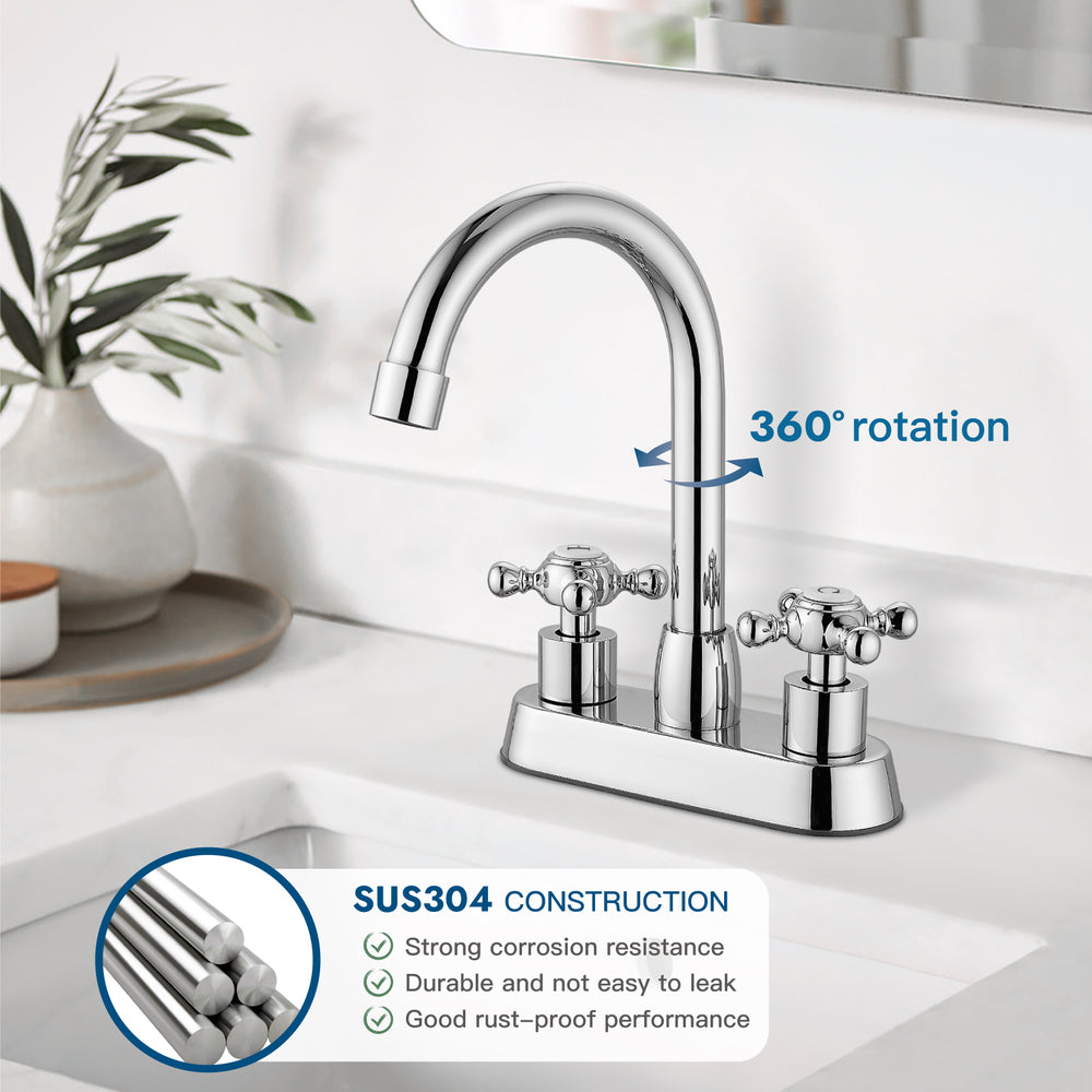 
                  
                    Cinwiny 4 inch Centerset Bathroom Sink Faucet Double Cross Handle with Pop-Up Drain,Deck Mount Modern Bathroom Vanity Lavatory Faucet with 360 Degree Rotation Spout Water Supply Hoses
                  
                