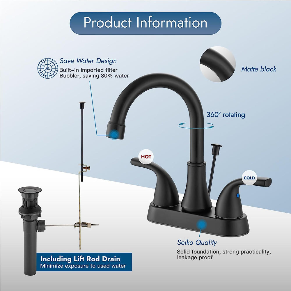 Phiestina Matte Black Centerset Bathroom Faucet - 4" Single/3 Hole Vanity Faucet With 360° Swivel Spout