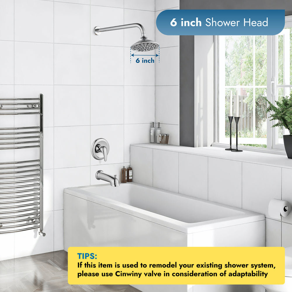 Shower Faucet Set with Tub Spout Pressure Balancing Rough-in Valve Wall Mount Shower System 5 Modes 6 Inch Shower Head with Tub Filler 1 Lever Dual Function Shower Trim Kit