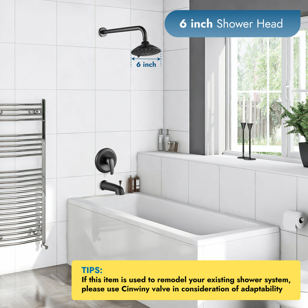 Shower Faucet Set with Tub Spout Pressure Balancing Rough-in Valve Wall Mount Shower System 5 Modes 6 Inch Shower Head with Tub Filler 1 Lever Dual Function Shower Trim Kit