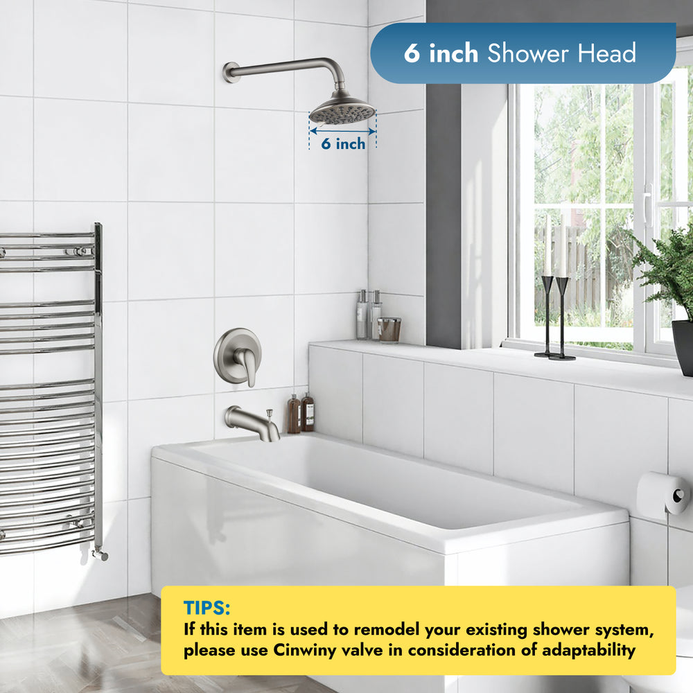 Shower Faucet Set with Tub Spout Pressure Balancing Rough-in Valve Wall Mount Shower System 5 Modes 6 Inch Shower Head with Tub Filler 1 Lever Dual Function Shower Trim Kit