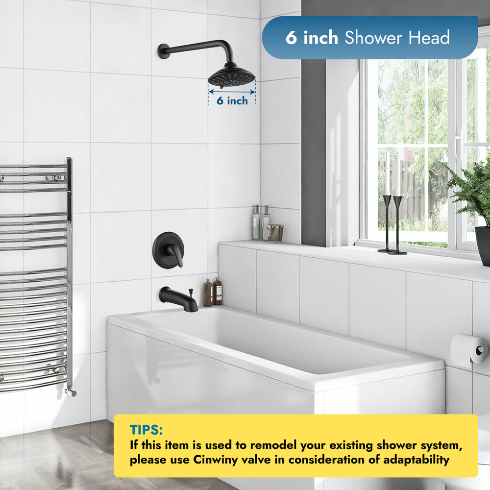 Shower Faucet Set with Tub Spout Pressure Balancing Rough-in Valve Wall Mount Shower System 5 Modes 6 Inch Shower Head with Tub Filler 1 Lever Dual Function Shower Trim Kit