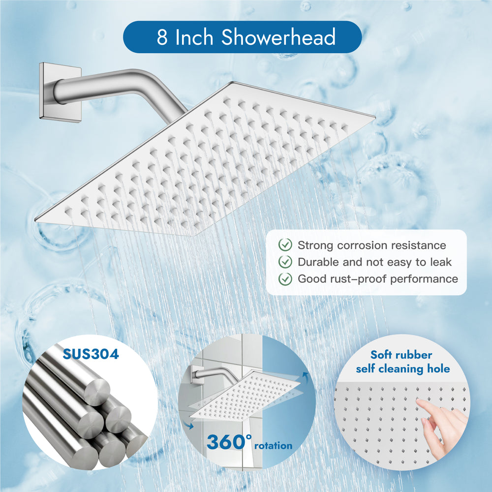 Cinwiny Shower System with Tub Spout Wall Mount Tub Shower Faucet Set Complete 8 Inch Shower Head with Handheld Spray 3 Function Rough-In Valve Included