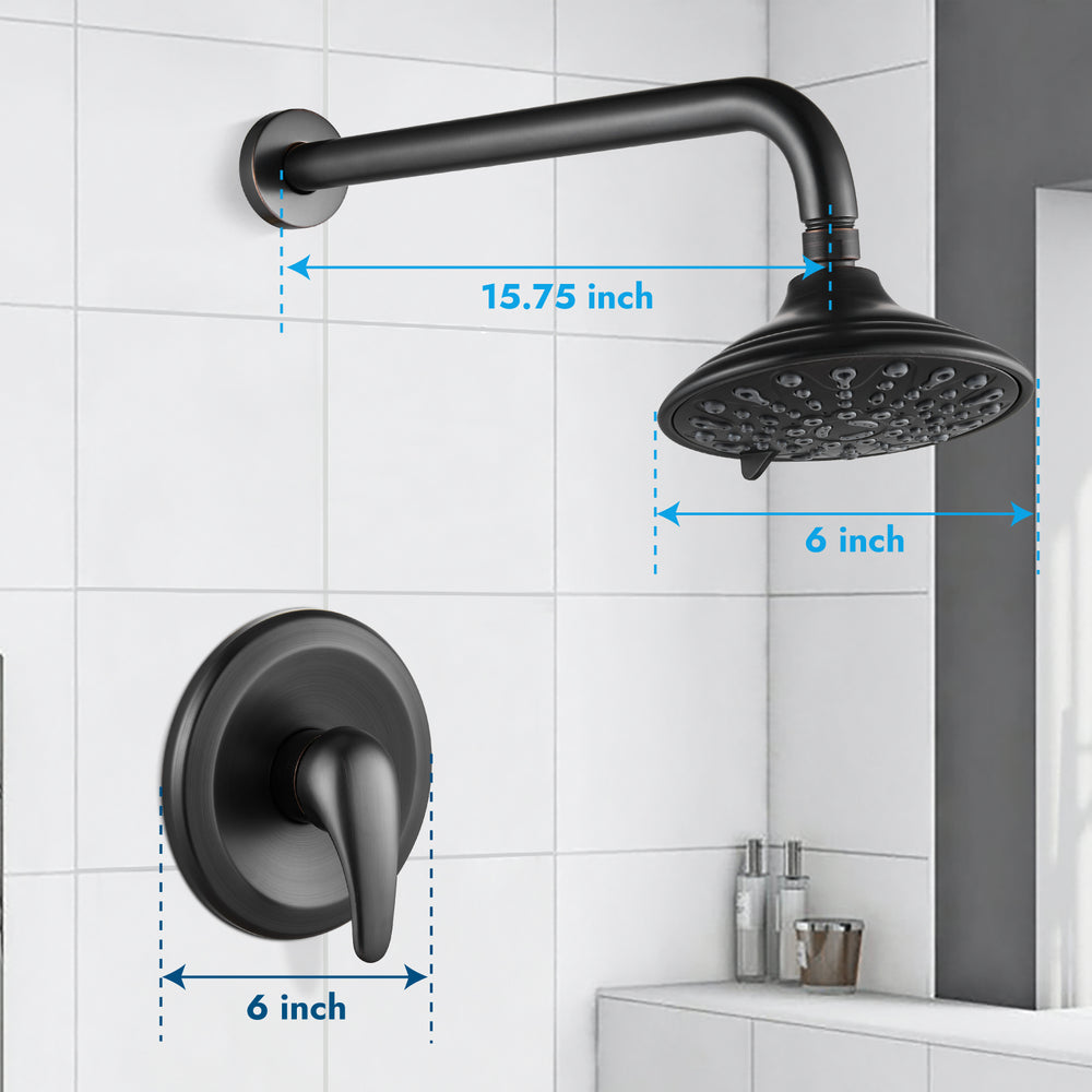 Shower Faucet with Pressure Balancing Rough-in Valve Shower System Wall Mount 6” 5-spray Shower Head One Lever Single Function Bathroom Shower Trim Kit