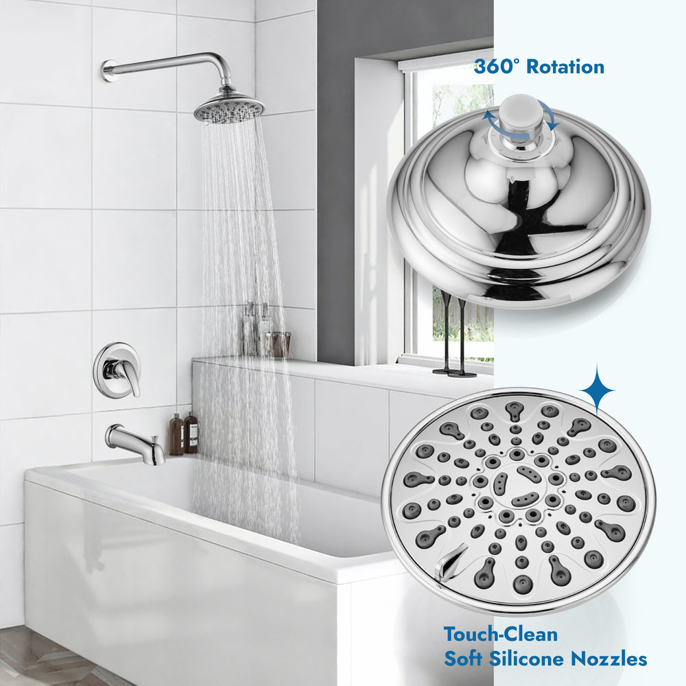 Shower Faucet Set with Tub Spout Pressure Balancing Rough-in Valve Wall Mount Shower System 5 Modes 6 Inch Shower Head with Tub Filler 1 Lever Dual Function Shower Trim Kit