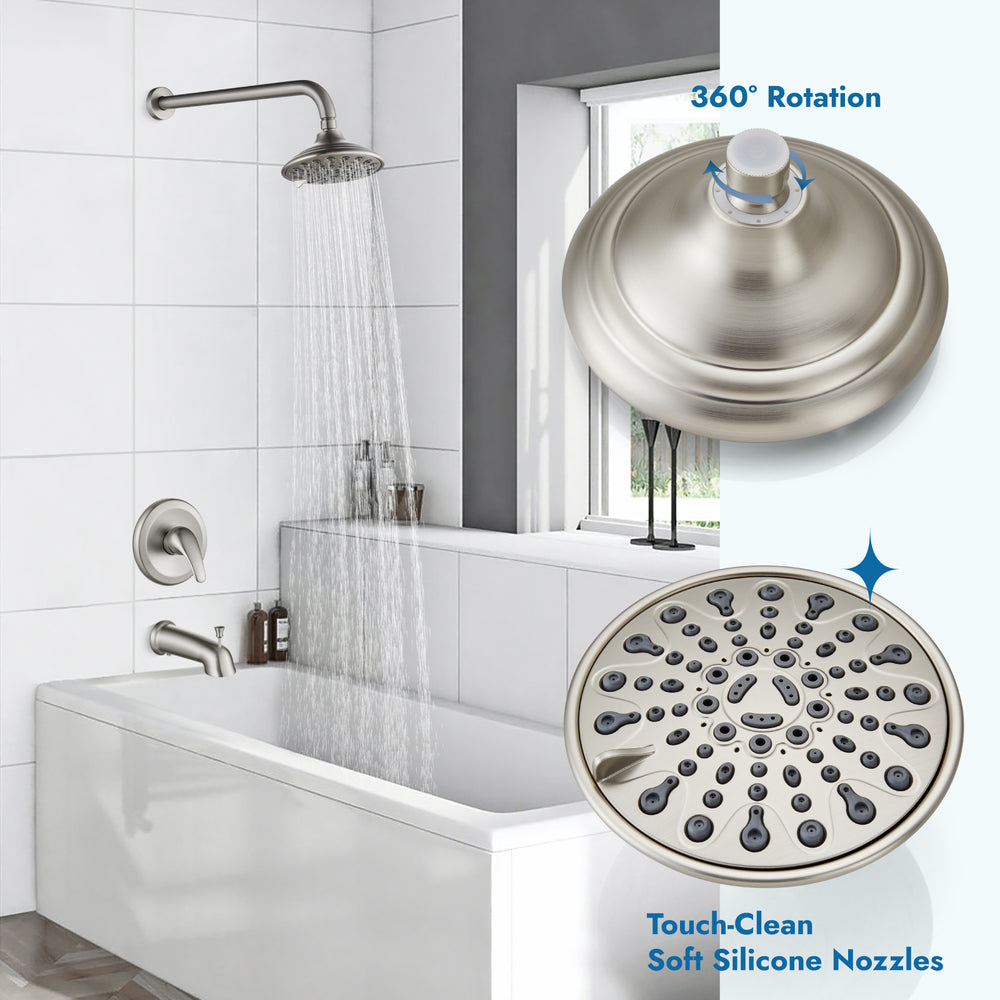Shower Faucet Set with Tub Spout Pressure Balancing Rough-in Valve Wall Mount Shower System 5 Modes 6 Inch Shower Head with Tub Filler 1 Lever Dual Function Shower Trim Kit
