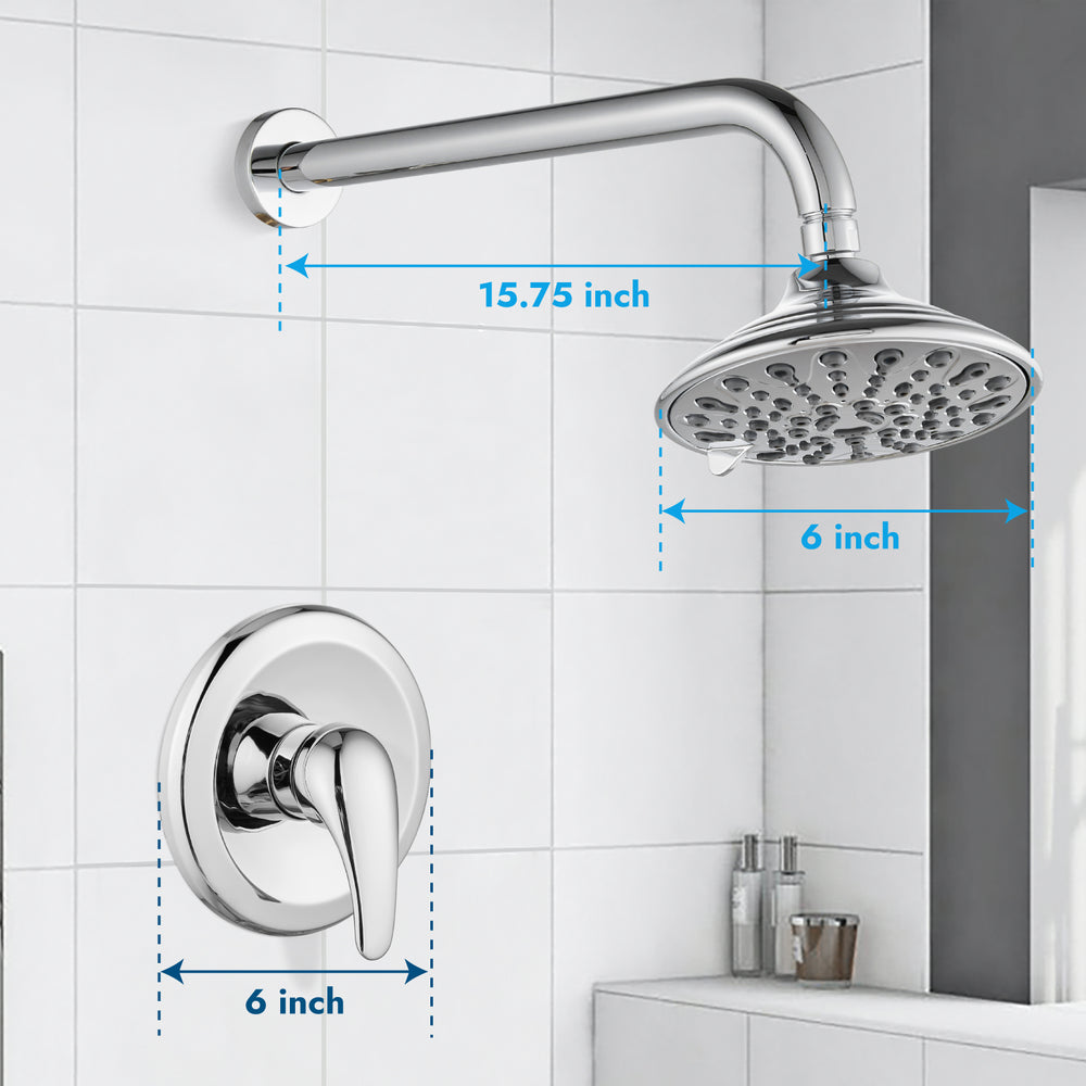 Shower Faucet with Pressure Balancing Rough-in Valve Shower System Wall Mount 6” 5-spray Shower Head One Lever Single Function Bathroom Shower Trim Kit