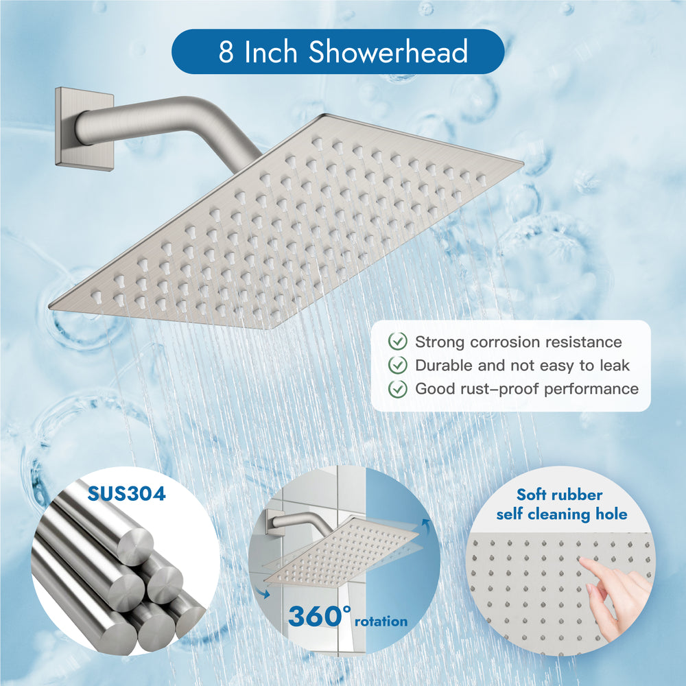 Cinwiny Shower System with Tub Spout Wall Mount Tub Shower Faucet Set Complete 8 Inch Shower Head with Handheld Spray 3 Function Rough-In Valve Included