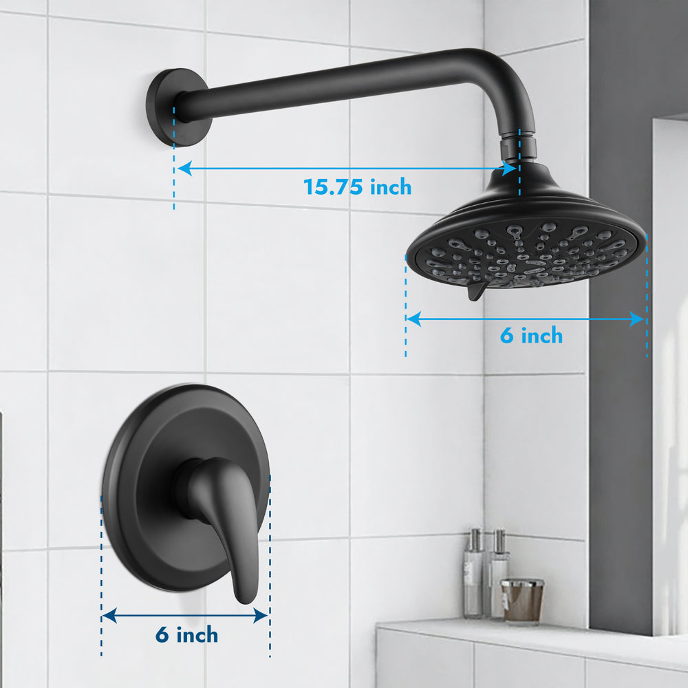 Shower Faucet with Pressure Balancing Rough-in Valve Shower System Wall Mount 6” 5-spray Shower Head One Lever Single Function Bathroom Shower Trim Kit