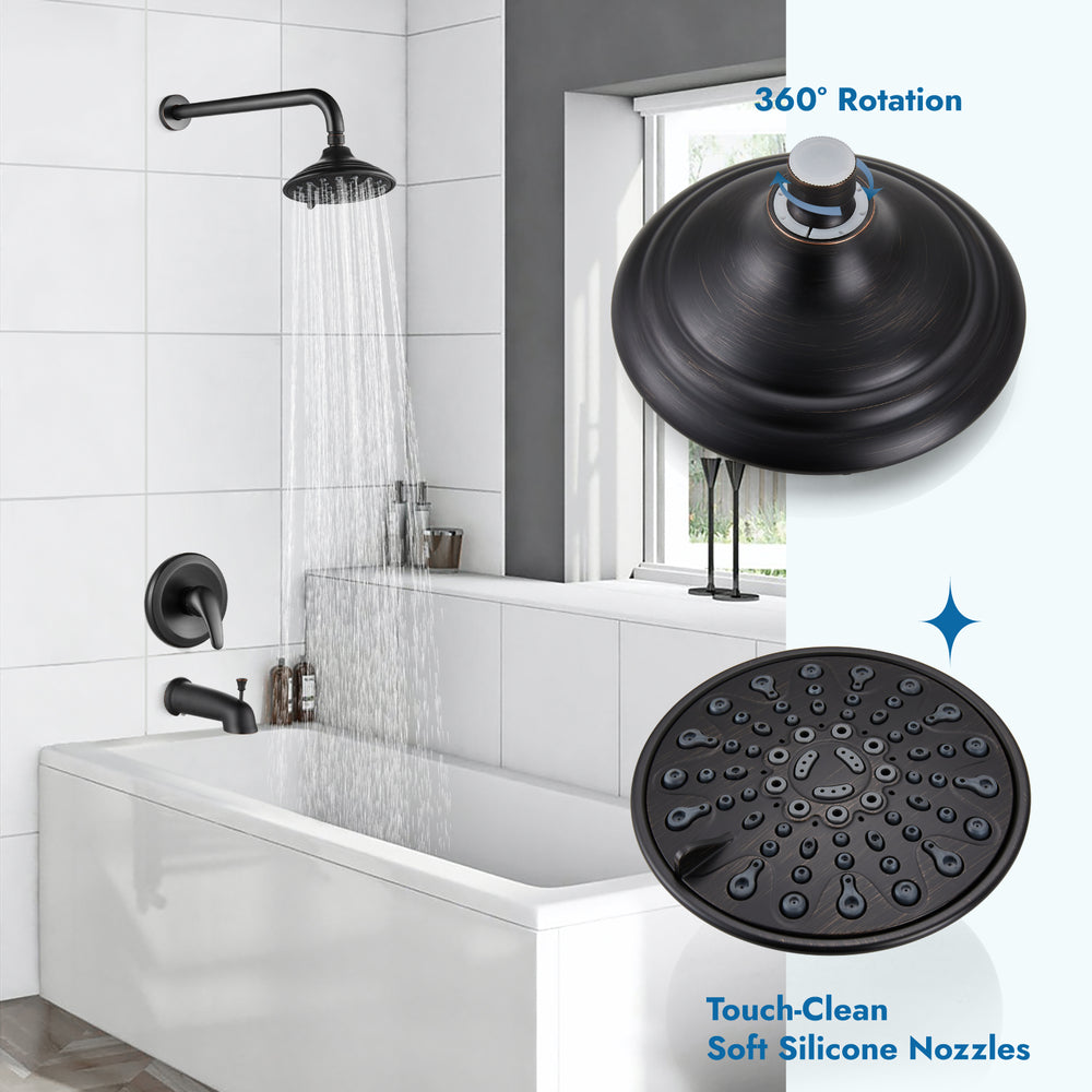 Shower Faucet Set with Tub Spout Pressure Balancing Rough-in Valve Wall Mount Shower System 5 Modes 6 Inch Shower Head with Tub Filler 1 Lever Dual Function Shower Trim Kit