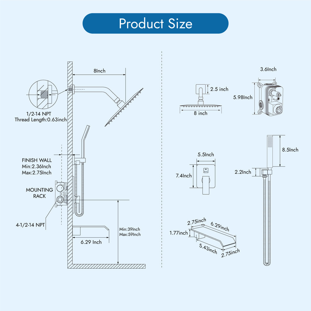 Cinwiny Shower System with Tub Spout Wall Mount Tub Shower Faucet Set Complete 8 Inch Shower Head with Handheld Spray 3 Function Rough-In Valve Included