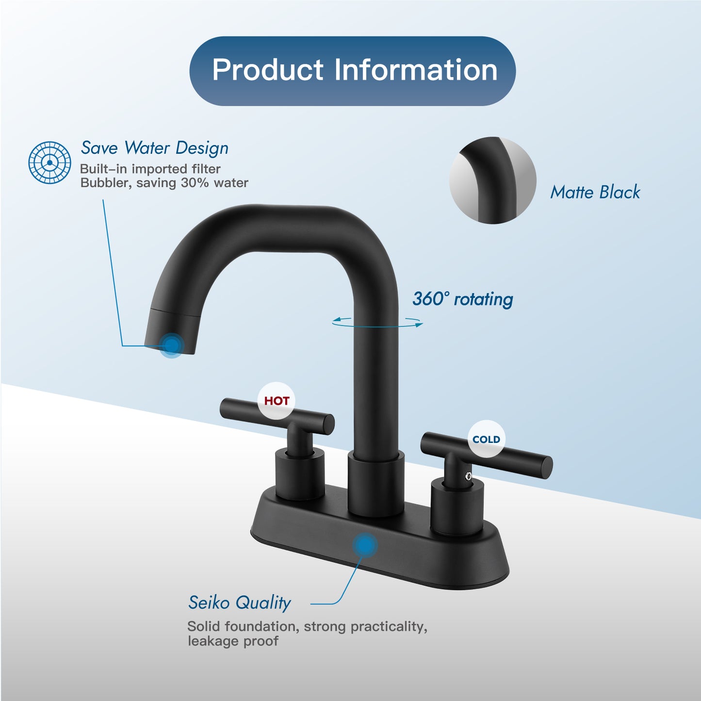 
                  
                    4 Inch Centerset Bathroom Sink Faucet 2 Handle Bathroom Faucets,Deck Mount Mixer Taps Vanity Lavatory Faucet with 360° Swivel Spout Water Supply Hoses
                  
                