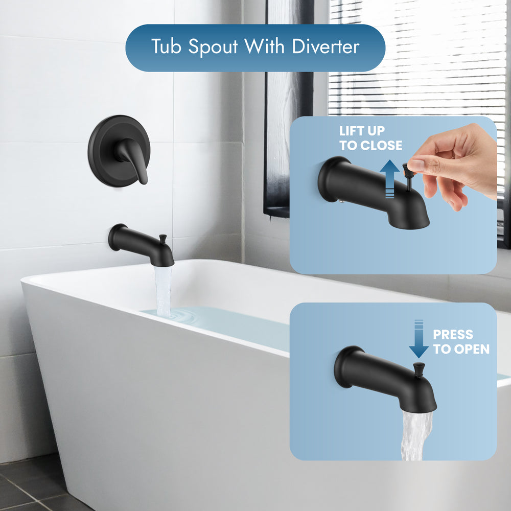 Shower Faucet Set with Tub Spout Pressure Balancing Rough-in Valve Wall Mount Shower System 5 Modes 6 Inch Shower Head with Tub Filler 1 Lever Dual Function Shower Trim Kit