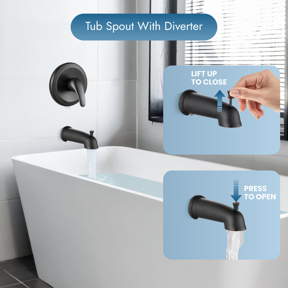 Shower Faucet Set with Tub Spout Pressure Balancing Rough-in Valve Wall Mount Shower System 5 Modes 6 Inch Shower Head with Tub Filler 1 Lever Dual Function Shower Trim Kit