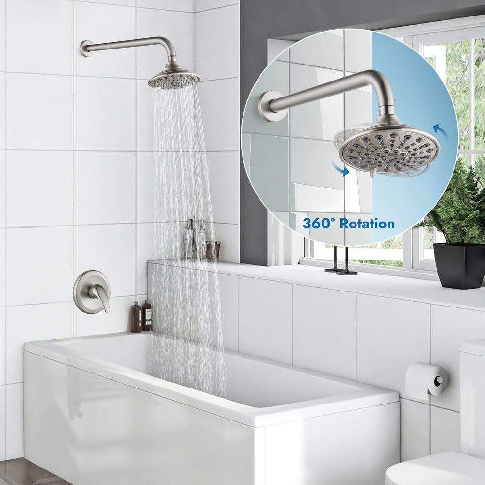 Shower Faucet with Pressure Balancing Rough-in Valve Shower System Wall Mount 6” 5-spray Shower Head One Lever Single Function Bathroom Shower Trim Kit