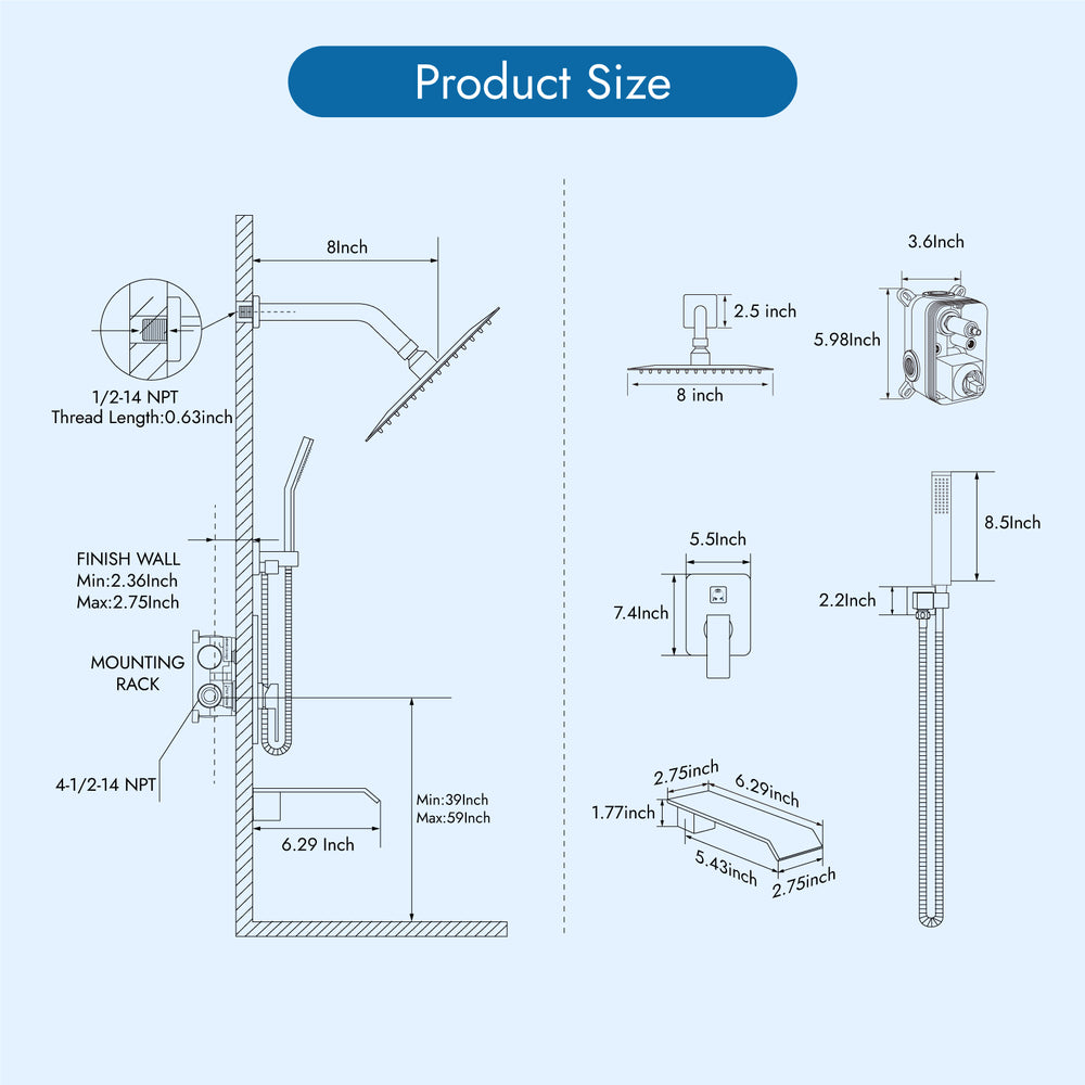 Cinwiny Shower System with Tub Spout Wall Mount Tub Shower Faucet Set Complete 8 Inch Shower Head with Handheld Spray 3 Function Rough-In Valve Included