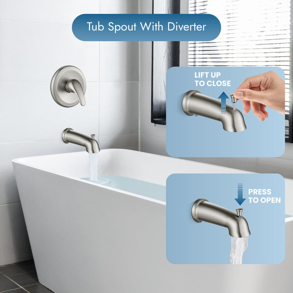 Shower Faucet Set with Tub Spout Pressure Balancing Rough-in Valve Wall Mount Shower System 5 Modes 6 Inch Shower Head with Tub Filler 1 Lever Dual Function Shower Trim Kit