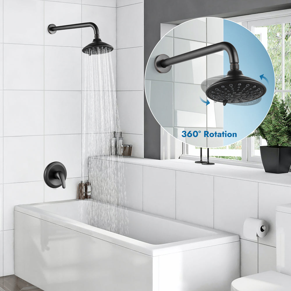 Shower Faucet with Pressure Balancing Rough-in Valve Shower System Wall Mount 6” 5-spray Shower Head One Lever Single Function Bathroom Shower Trim Kit